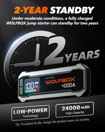 WOLFBOX 4000A Jump Starter,12V Car Battery Jumper Starter Portable with 65W Quick Charger,LED Display,88.8Wh Booster Jump Box Pack (10L Gas 10L Diesel Engine) with LED Light,Jumper Cables - Image 7