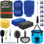 AUTODECO 22Pcs Car Wash Cleaning Tools Kit Car Detailing Set with Olive Green Canvas Bag Collapsible Bucket Wash Mitt Sponge Towels Tire Brush Window Scraper Duster Complete Interior Car Care Kit