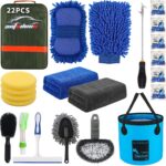 AUTODECO 22Pcs Car Wash Cleaning Tools Kit Car Detailing Set with Olive Green Canvas Bag Collapsible Bucket Wash Mitt Sponge Towels Tire Brush Window Scraper Duster Complete Interior Car Care Kit