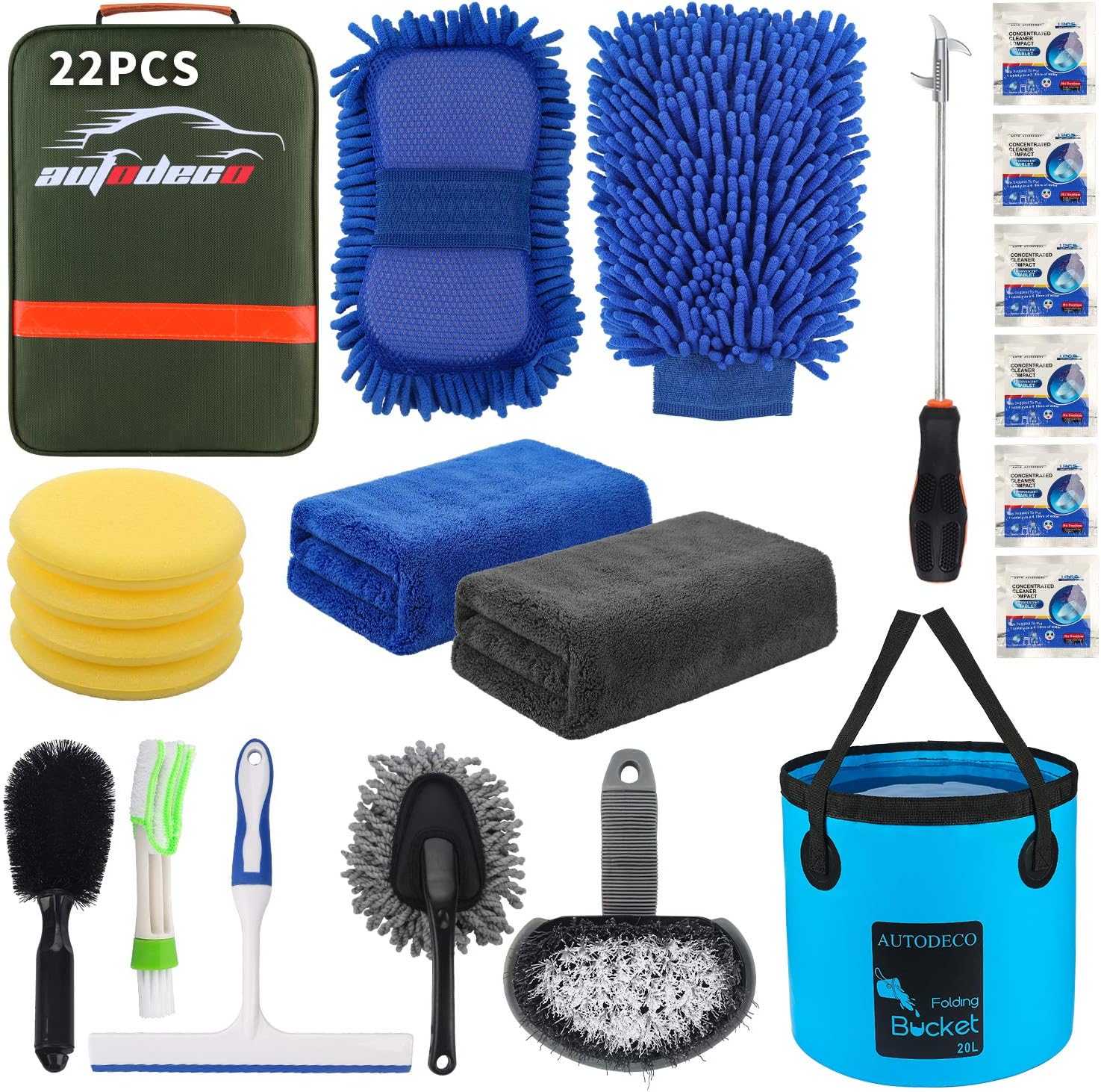 81NsSYx9GiL._AC_SL1500_.jpg AUTODECO 22Pcs Car Wash Cleaning Tools Kit Car Detailing Set with Olive Green Canvas Bag Collapsible Bucket Wash Mitt Sponge Towels Tire Brush Window Scraper Duster Complete Interior Car Care Kit - Image 1