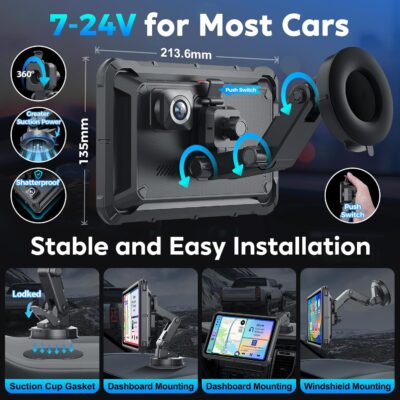 Portable Apple Carplay Screen for Car, 8" Wireless Android Auto Screen with 4K Dash Cam & 1080P Backup Camera, Secure Strong Bracket, Navigation, Bluetooth, Mirror Link, Fits All Vehicles - Image 8