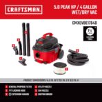 CRAFTSMAN CMXEVBE17040 4 Gallon 5.0 Peak HP Wet Dry Vac, Portable Shop Vacuum Wet and Dry with Filter, Hose and Attachments for Home and Automotive Cleaning - Image 3
