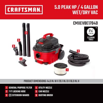 CRAFTSMAN CMXEVBE17040 4 Gallon 5.0 Peak HP Wet Dry Vac, Portable Shop Vacuum Wet and Dry with Filter, Hose and Attachments for Home and Automotive Cleaning - Image 3
