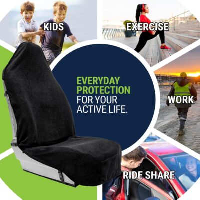 Season Guard Terry Cloth Sweat Towel Seat Cover; Carseat Towel Protector; Great for Gym Workout; Waterproof; Universal Fit for Car SUV Van Truck; EZ fit; Non Slip Grip; Machine Washable; 2pc Black - Image 3