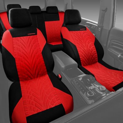 CAR PASS Car Seat Covers Full Sets, Front & Split Rear Bench for Car, 3D Tyre Embossed Automotive Interior Covers, Airbag Compatible, Quick Setup Universal Fit Seat Covers for Car, SUV(Black Red) - Image 5