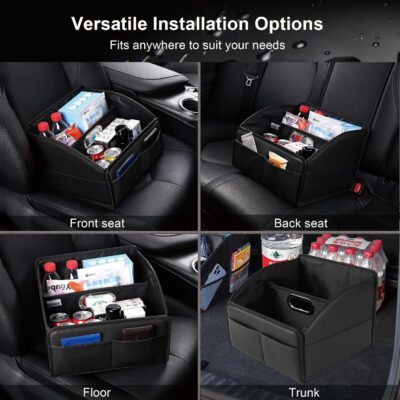 Car Storage Organizer [2025 UPDATED] Leather Car Caddy Basket for Front Seat Floor Back Seats Metal Handle 6 Compartments Adjustable Strap Buckles Slip-Resistant (Black) - Image 6