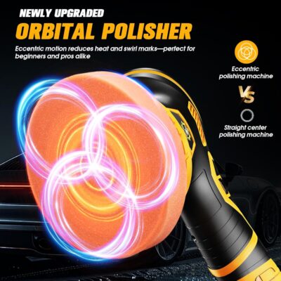 Cordless Car Buffer Polisher kit [2x 2000mAh 21V Batteries & 18 PCS Attachments] 6-Speed Orbital Design, LED Display, Lightweight Detailing Tool for Waxing, Polishing & Scratch Removal-Yellow - Image 7