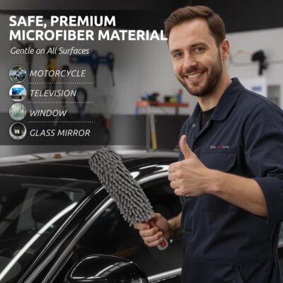 Car Duster Interior by TAKAVU, 360° Microfiber Fingers, Unbreakable Comfort Handle, Lint and Scratch Free, Include Microfiber Towel, for Car & Home Use, The Best Auto Accessories Gray - Image 5