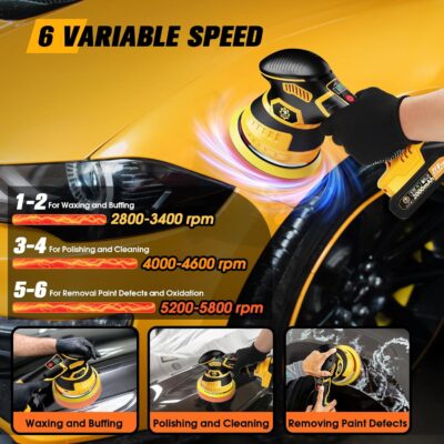 Cordless Car Buffer Polisher kit [2x 2000mAh 21V Batteries & 18 PCS Attachments] 6-Speed Orbital Design, LED Display, Lightweight Detailing Tool for Waxing, Polishing & Scratch Removal-Yellow - Image 4