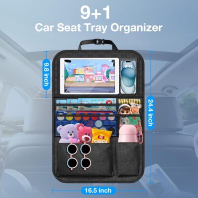 Car Backseat Organizer with Table Tray(2-Pack) 9 Storage Pockets Backseat Car Organizer and storage with Tablet Holder, Kick Mats Back Seat Cover for Kids family Road Trip Essentials Travel - Image 7