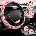 Pink Strawberry Steering Wheel Cover for Women, Universal Auto Steering Wheel 14-15 Inch Car Interior Accessories with 2PCS Car Coasters, Suitable for Men and Women