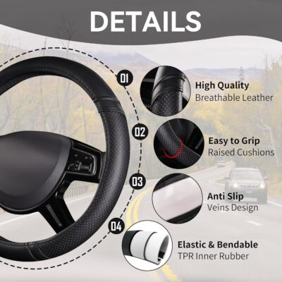 Car Pass Classical Leather Automotive Universal Steering Wheel Covers,Universal Fit for Suvs,Trucks,Sedans,Cars,Vans,14.5-15inch Anti-Slip Safety Comfortable Desgin(Black) - Image 5