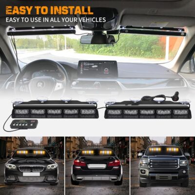 XRIDONSEN 2x 17 inch Emergency Dash Strobe Lights for Trucks Interior Front/Rear Windshield Lights 40 LED Amber White Safety Warning Hazard Lights w/Controller for Plow Trucks Construction Vehicles - Image 5