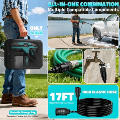 Cordless Pressure Washer Battery Powered, Powerful Handheld Portable Pressure Washer with Brushless Motor, 1 x 4.0Ah Battery & Charger, 6-in-1 Nozzle and Storage Handbag, 3 Power Level for Yard/Car - Image 7