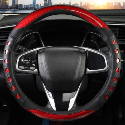 PU Leather Car Steering Wheel Cover with Anti-Slip Grip, for Women and Men, Universal Fit for 14.5-15 Inch Cars, Trucks, SUVs (Red (Round), Medium(Standard) Size[14 1/2''-15'']) - Image 2