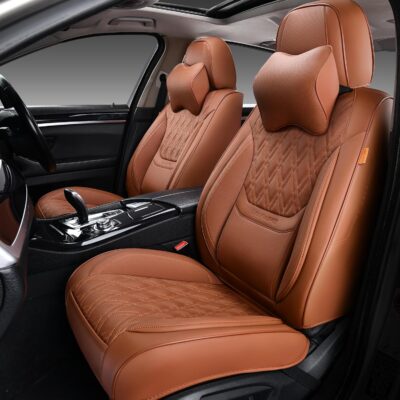 Car Seat Covers Full Set, Breathable Leather Automotive Front and Rear Seat Covers & Headrest, Universal Automotive Vehicle Seat Cover for Most Sedan SUV Pick-up Trucks, Brown - Image 8