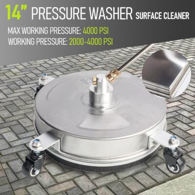 Hourleey 14" Pressure Washer Surface Cleaner, Stainless Steel Surface Cleaner with 4 Wheels for Concrete, Patio, Sidewalk, Deck, Pathway 1/4" Quick Connector, 2 Extension Wand, 4000 PSI - Image 3