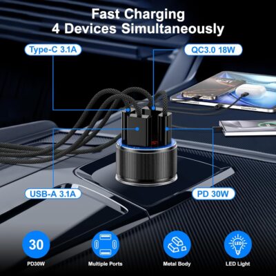 Car Charger for iPhone 17 16 15 Pro Max, Besgoods 4-Port Cigarette Lighter Adapter USB C & USB A Car Phone Charger Fast Charging Voltmeter for Galaxy S25 S24 S23 A15 A54 Android, 6ft USB C to C Cable - Image 2