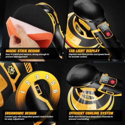 Cordless Car Buffer Polisher kit [2x 2000mAh 21V Batteries & 18 PCS Attachments] 6-Speed Orbital Design, LED Display, Lightweight Detailing Tool for Waxing, Polishing & Scratch Removal-Yellow - Image 8
