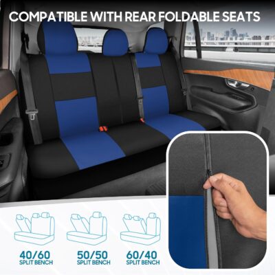 BDK PolyPro Car Seat Covers Full Set in Blue on Black, Front and Rear Split Bench Seat Covers for Cars, Easy to Install Car Seats Cover Set and Accessories for Auto Trucks Van SUV - Blue - Image 4