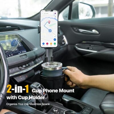 Car Phone Mount with Cup Holder Expander - Upgraded Anti-Shake 2-in-1 Cup Phone Holder for SUVS Trucks with Adjustable Aluminium Alloy Long Neck, fit for iPhone Samsung Galaxy (Black) - Image 2