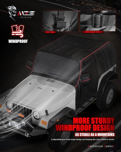MZS Cab Cover Compatible with Wrangler TJ YJ 2 Door 1986-2006, 600D Waterproof Wrangler Cover with Mirror Pocket 6 Gust Hook Car Half Covers Windproof Sun Snow Rain Scratch Protection - Image 5