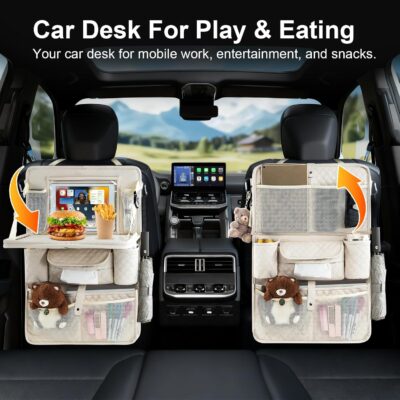 Car Backseat Organizer with Foldable Table Tray - 11 Storage Pockets PU Leather Back Seat Organizer with Tablet Holder, Seat Back Protector for Kids Family Road Trip Travel Accessories (Beige) - Image 2