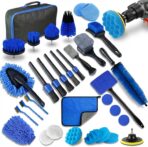 32-Piece Car Detailing Kit with Drill Brush Attachments & Polishing Pads – Professional Auto Detailing Brushes, Wheel & Tire Cleaning Tools with Storage Bag (Blue)