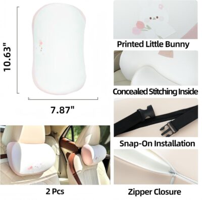 Car Headrest Pillow 2PCS Auto Headrest Cushion Memory Foam Car Seat Headrest Pillow - Comfort and Style On The Go Memory Foam Head Pillow Bear and Bunny Neck Support (Pink - Bunny) - Image 6