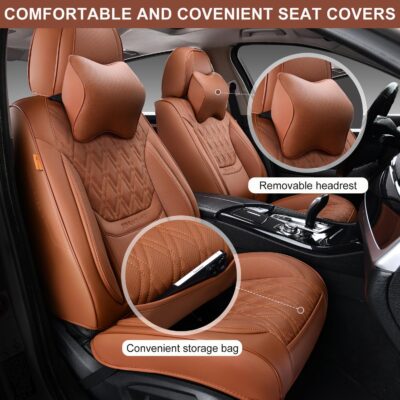 Car Seat Covers Full Set, Breathable Leather Automotive Front and Rear Seat Covers & Headrest, Universal Automotive Vehicle Seat Cover for Most Sedan SUV Pick-up Trucks, Brown - Image 2