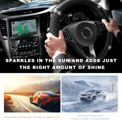 Bling Soft Leather Steering Wheel Cover, 14.5-15 Inch Sparkly Rhinestones Non-Slip Car Steering Wheel Protector, Elastic Auto Steering Wheel Cover Interior for Women Girls (Black) - Image 5