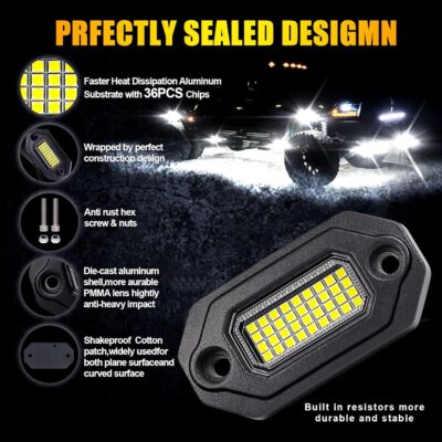 8 Pods White Rock Lights，Aluminum Housing, Waterproof IP68,6500K Pure White Super Bright Underglow, Rock Lights for Trucks, UTV, ATV, SUV, Boats,Each Rock Light Comes with a 15-Foot Extension Cord - Image 4