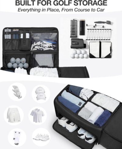 Golf Trunk Organizer with Built-in Hard Frame & Insulated Cooler Compartment, Ventilated Shoe Storage for 2 Pairs(Up to Mens US 11), Car Trunk Locker for Balls, Tees, Polos, Gloves - Black - Image 2
