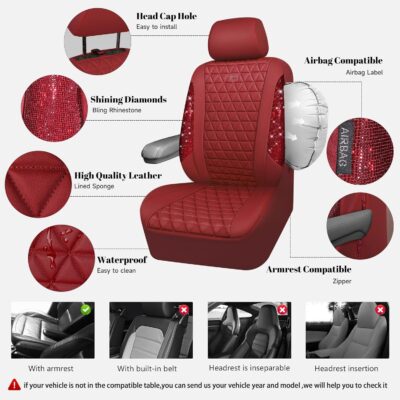 CAR PASS Bling Diamond Burgundy Leather Car Seat Covers Full Sets Interior Sets, Waterproof Shining Glitter Sparkly Crystal Universal Armrest Fit Automotive Truck SUV Cute Women Girl, Red Rhinestone - Image 3