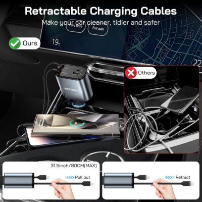 [2 Pack] Retractable Car Charger 4 in 1 Fast Car Phone Charger 69W, USB C Car Truck Accessories Adapter with 2X Retractable Charger Cords and 2X USB Ports for i Phone 17/16/15/14, for Samsung S25/S24 - Image 4