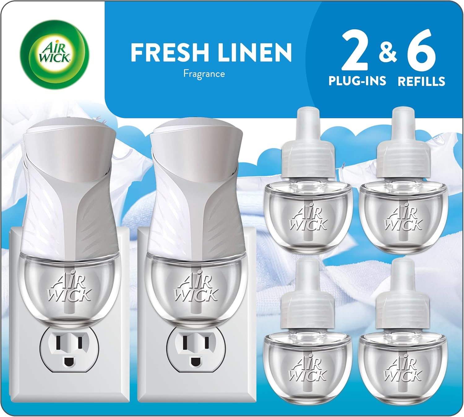 81SlDGec21L._AC_SL1500_.jpg Air Wick Plug in Scented Oil Starter Kit, 2 Warmers + 6 Refills, Fresh Linen, Same Familiar Smell of Fresh Laundry, Eco Friendly, Essential Oils, Air Freshener - Image 1
