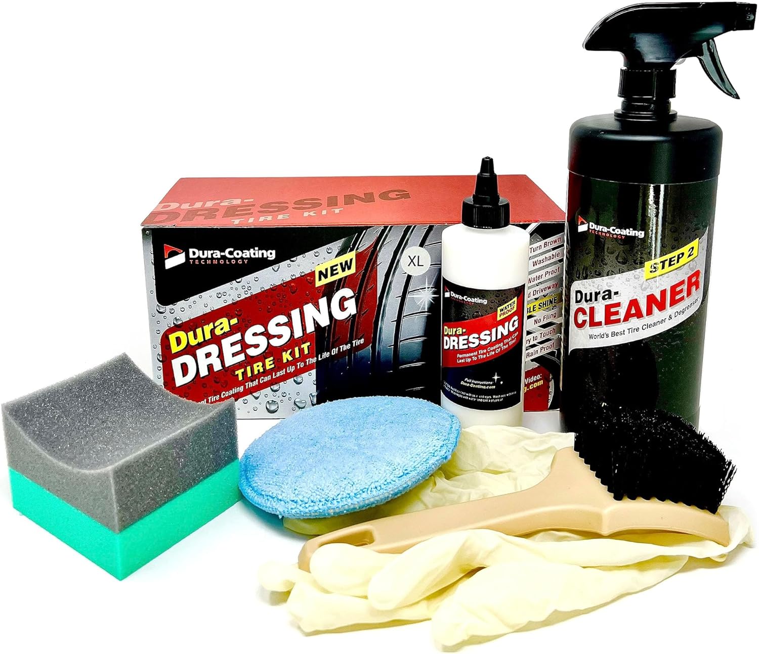 81T2WNKm9wL._AC_SL1500_.jpg Dura-Dressing XL Total Tire Kit - Double Size Car Kit - Tire Dressing, Cleaning and Restoration Kit for Cars - High Gloss Coating to Renew and Protect Your Tires - Made in USA - Image 1