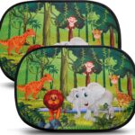ABSOFINE Car Window Sun Shades for Baby Kids 2 Pack 19"x14", Animals Cartoon Window Shades Sun Blocker Cover, Baby Car Shades for Back Windows with 8 Suction Cups and Storage Bag, Anti Glare & UV