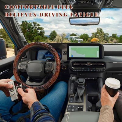 Leather Car Steering Wheel Cover, 15" Crocodile Pattern Anti Slip Car Wheel Wrap with Rose Grain, Four Seasons Universal Auto Steering Wheel Protector for Cars Trucks SUVs (Brown) - Image 3