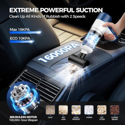 Car Vacuum Cleaner Cordless, 4 in 1 Portable Vacuum Cleaner 16000PA High Power Air Duster & Air Blower & Pump, Rechargeable Handheld Vacuum with Brushless Motor, Multi-Nozzles for Car, Home, Office - Image 2