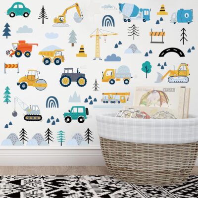 Construction Wall Stickers - 6 Sheets 90 Pcs Construction Themed Trucks Excavator Crane Wall Decals Peel and Stick Wall Decors for Kids Baby Bedroom Boys Room Nursery Playroom - Image 2