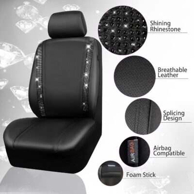 CAR PASS Leather Bling Diamond Car Seat Covers Full Set, Shining Rhinestone Waterproof Durable Rear with Zipper, Universal Fit Automotive Glitter Crystal Sparkle Strip for Cute Women Girly Black - Image 9