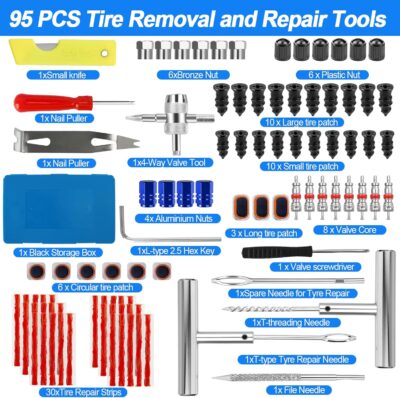 Tire Plug Kit, 95 PCS Tubeless Tire Repair Kit with Heavy-Duty Metal T-Handle Tools, Repair Strips, Screw-in Repair Plugs, Valve Core Tool, Caps & Storage Case for Car SUV Motorcycle ATV - Image 2