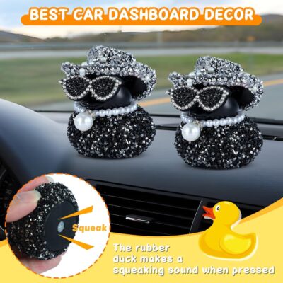 Black Diamond Rubber Duck with White Diamond Hat, Sunglasses & Pearl Necklace - Funny Car Dashboard Decor Accessory, Premium PVC Material - Image 3