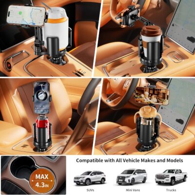 Phone Holders for Your Car, 2 in 1 Cup Holder Phone Mount with Expander, Secure Hold, Adjustable Base and Long Arm with 360°Rotation Car Phone Holder for 4-7‘’ devices and Up to 5.31'' Most Bottles - Image 7