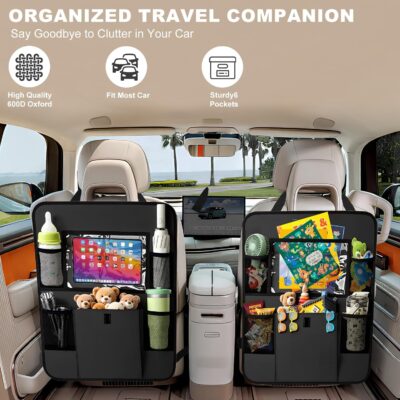 Car Backseat Organizer with Tablet Holder, 6 Storage Pockets Seat Back Protectors Kick Mats for Kids, Car Seat Protector for Road Trips 2 Pack (Black) - Image 5