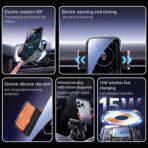 15W Wireless Car Charger & Auto Rotating Car Phone Holder MagSafe Compatible with LED Lights, Gesture Control Clamping, Auto Arm Opening, Built-In Battery, Dual Mount Options for Vent or Dashboard - Image 8