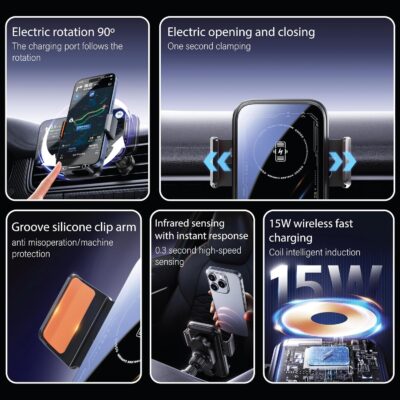 15W Wireless Car Charger & Auto Rotating Car Phone Holder MagSafe Compatible with LED Lights, Gesture Control Clamping, Auto Arm Opening, Built-In Battery, Dual Mount Options for Vent or Dashboard - Image 8