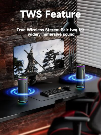 MLOVE E80 Speakers Bluetooth Wireless, Portable Bluetooth Speaker with Aux Input, Micro SD Card Slot, Bass Up, TWS, RGB Lights, IPX7 Waterproof, BT5.4 for Outdoor, Car Music, Beach, Gifts, 30W, Black - Image 5