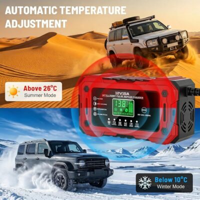 Battery Charger 15A 12V Fully Automatic Smart Trickle Car Battery Charger Maintainer with LCD Display & Temperature Compensation for Car Truck Motorcycle Lawn Mower Boat - Image 4